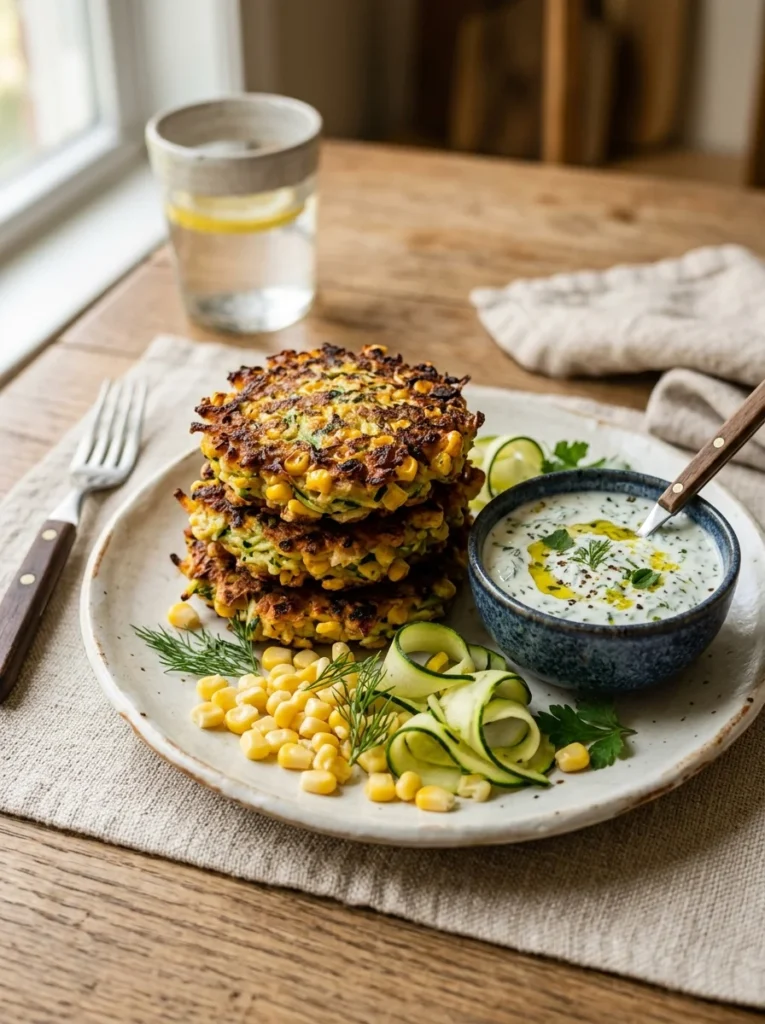 corn zucchini fritters herb yogurt fresh summer dinner ideas