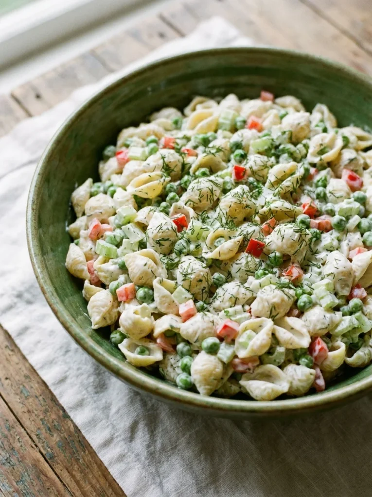 creamy dill veggie pasta salad with shells and peas in a green bowl