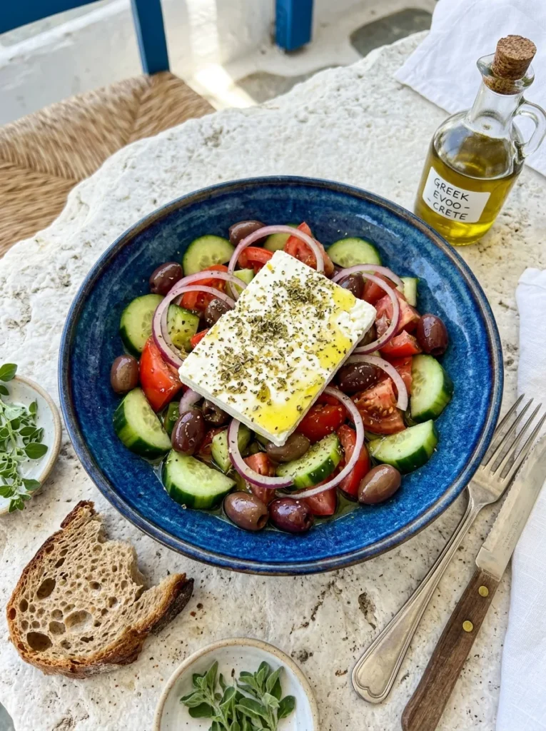 Classic Greek cucumber tomato salad in a blue bowl with feta, olives, and olive oil