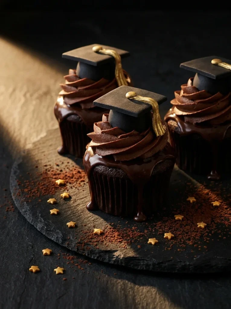 chocolate graduation cupcakes with ganache drip and black fondant cap topper