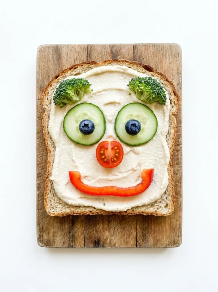 Veggie face on toast whimsy food idea for picky eater kids
