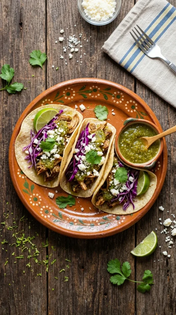 three salsa verde chicken tacos on terracotta plate — summer crockpot chicken recipes taco night
