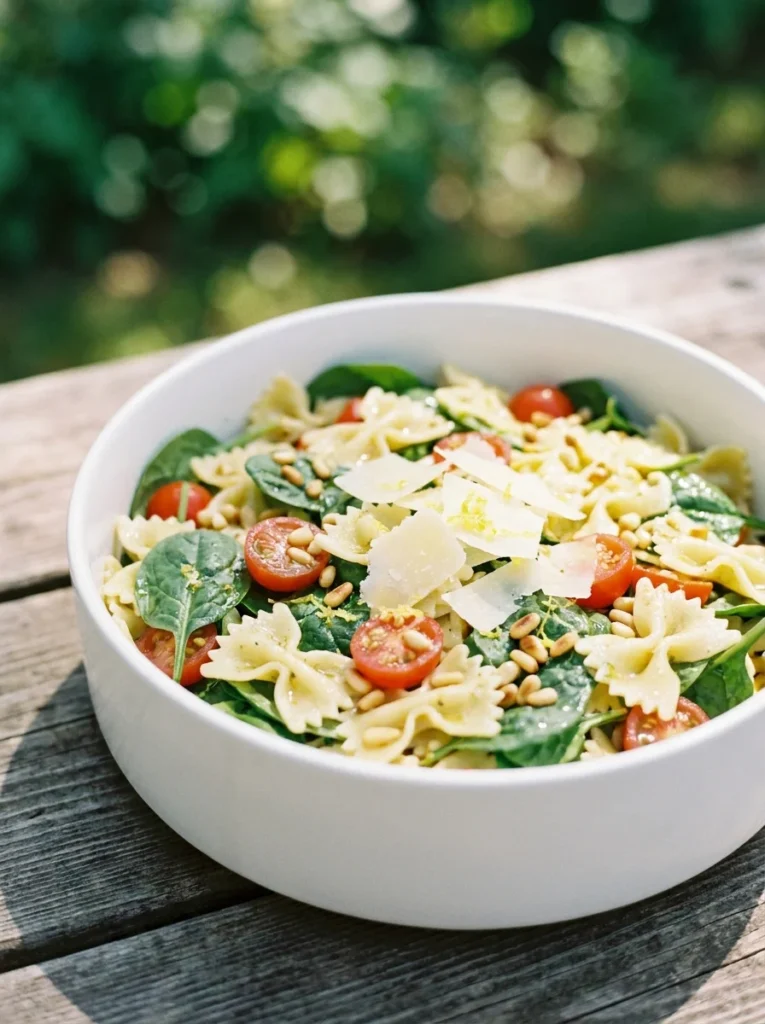 refreshing lemon herb bowtie pasta salad with spinach and parmesan