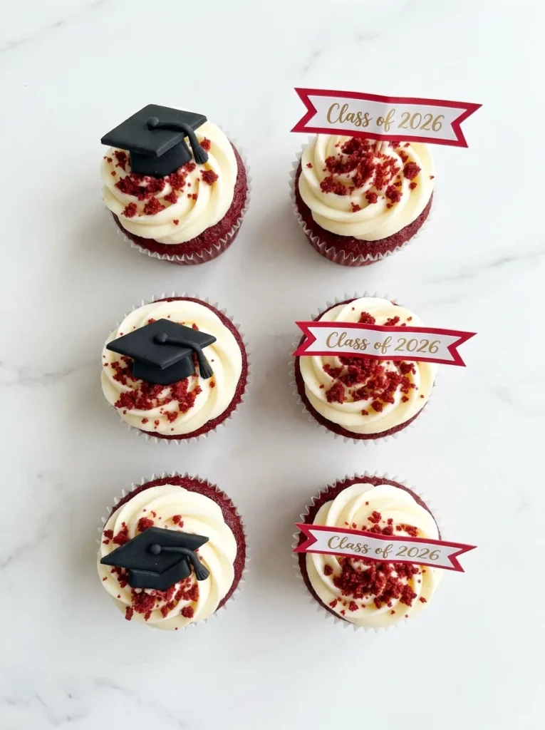 red velvet graduation cupcakes with cream cheese frosting and class of 2026 toppers