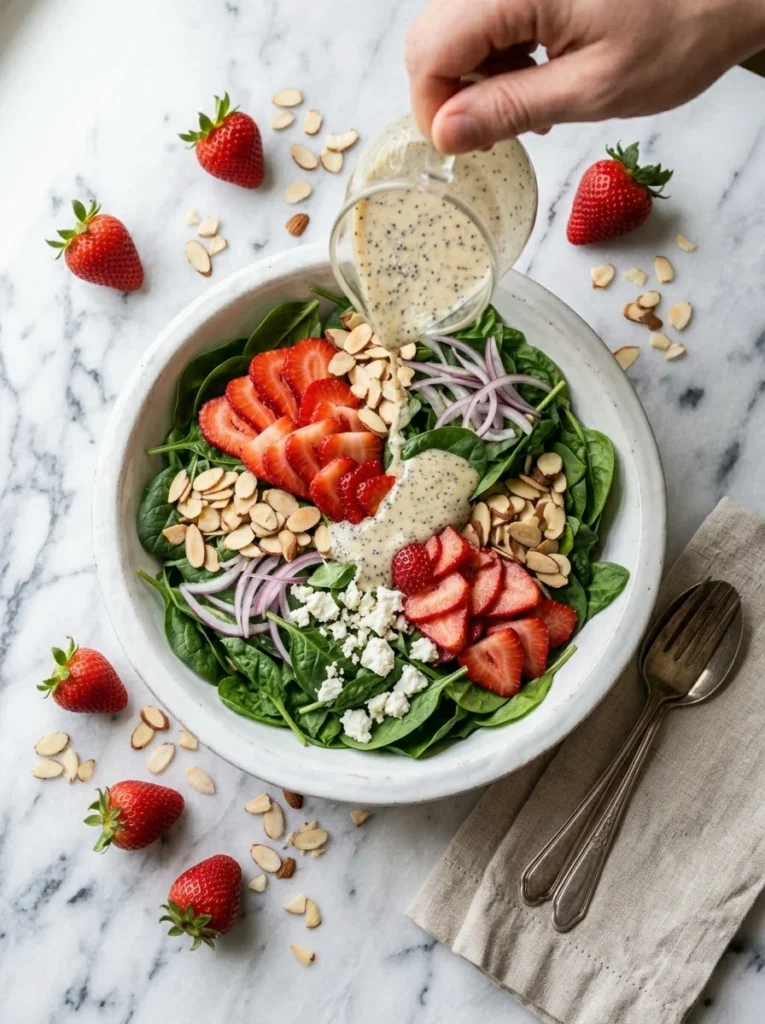 Strawberry spinach salad with poppy seed dressing, almonds, and goat cheese in a white bowl