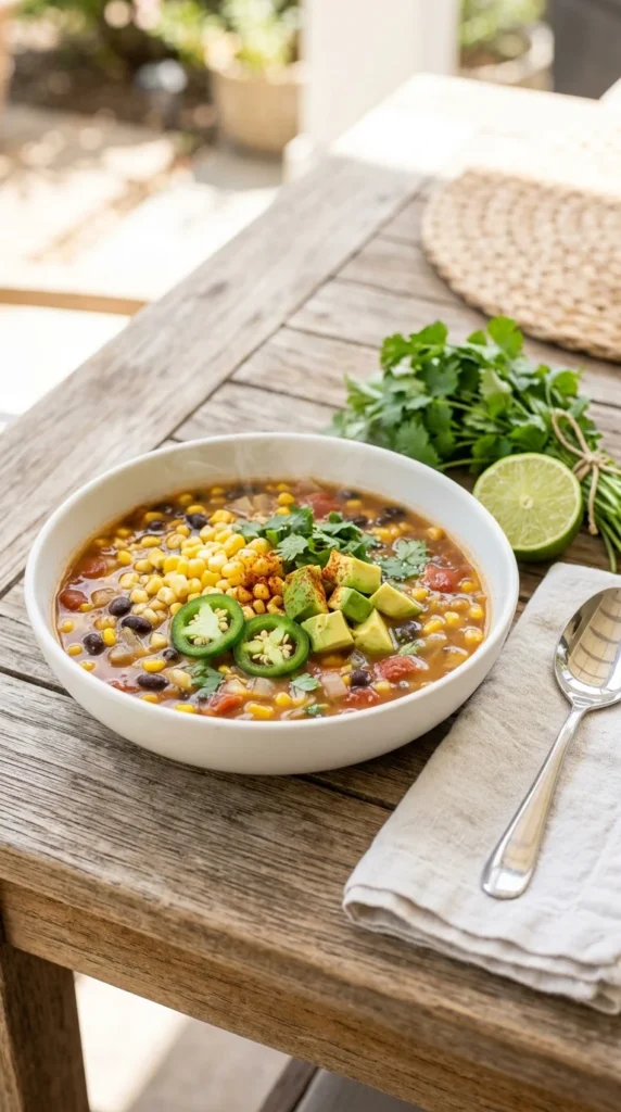 bright corn and black bean crockpot soup with avocado and lime — vegan slow cooker summer meals