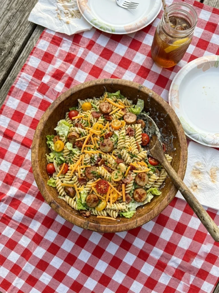 BLT pasta salad with chicken sausage, tomatoes, and cheddar in a wooden bowl at a cookout