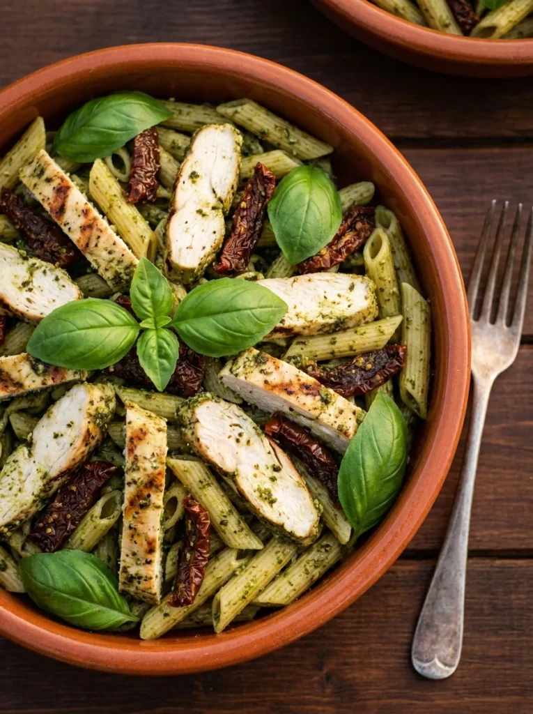 hearty chicken and basil pasta salad with pesto in a terracotta bowl