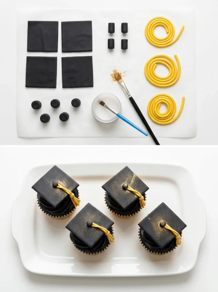 DIY fondant graduation cap cupcakes process with black fondant and gold tassels