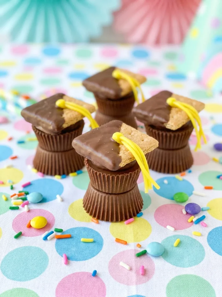 easy graham cracker graduation cap cupcakes with Reese's cup and candy tassel