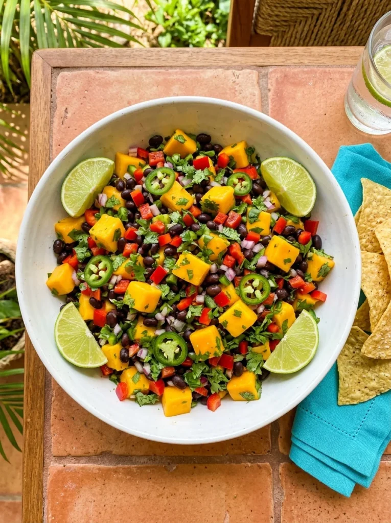 Mango black bean salad in a white bowl with jalapeño, cilantro, and lime wedges