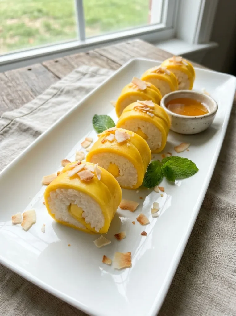 Fruit sushi rolls mango coconut rice whimsy food creative idea