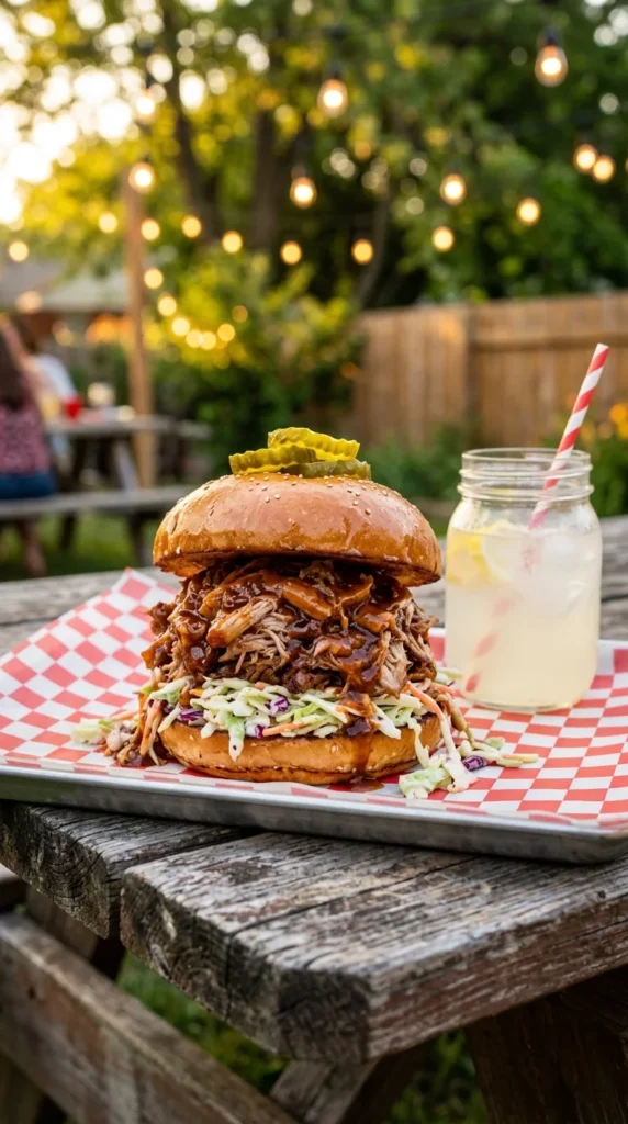 slow cooker BBQ pulled pork sandwich on brioche at summer picnic — crockpot BBQ recipes for summer backyard parties