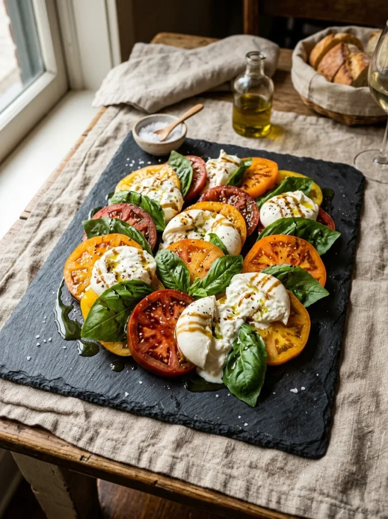 Caprese salad with burrata, heirloom tomatoes, basil, and balsamic glaze on a slate board
