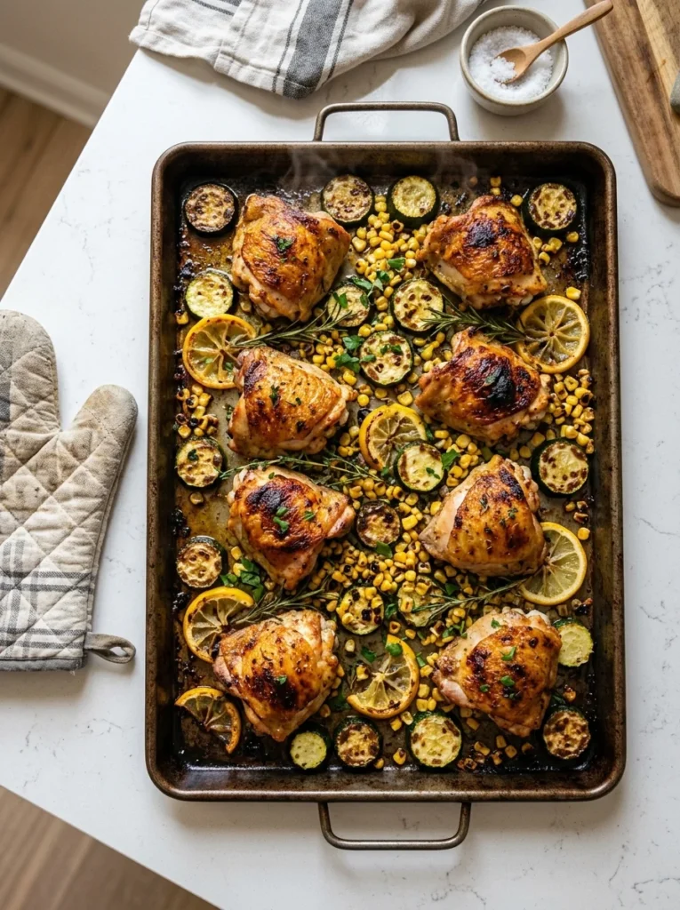 sheet pan lemon chicken zucchini corn easy summer weeknight dinner
