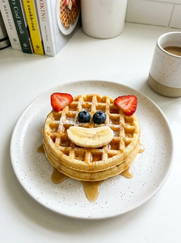 Waffle bear character with blueberry eyes banana smile whimsy food