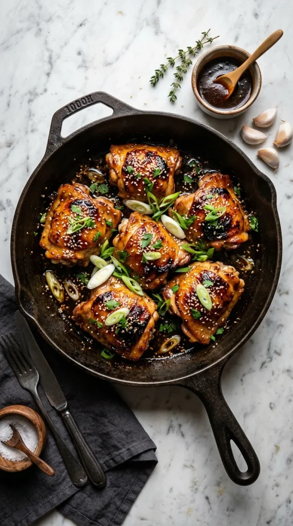 sticky honey garlic crockpot chicken thighs in cast iron skillet — easy summer crockpot meals