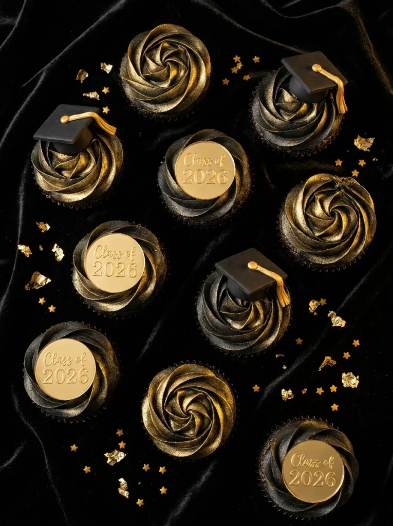 black and gold graduation cupcakes with gold luster dust and class of 2026 toppers