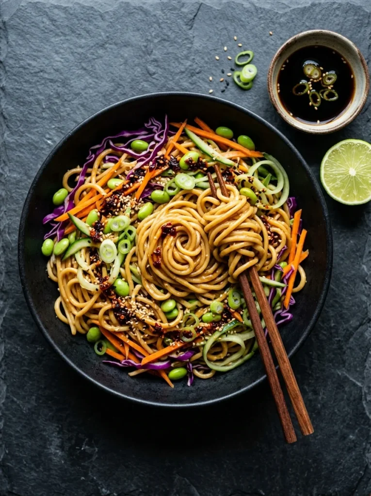 Cold Asian noodle salad with peanut dressing, cabbage, edamame, and sesame seeds in a black bowl