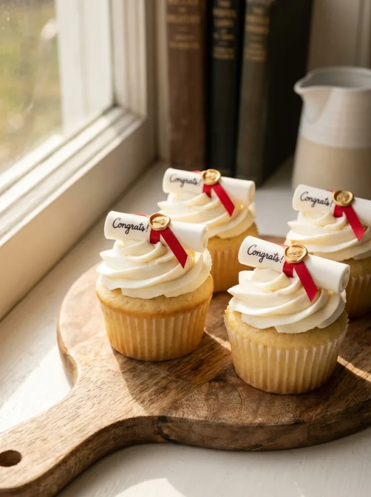 diploma scroll graduation cupcakes with fondant scroll and red ribbon topper