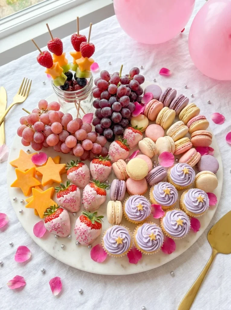 Unicorn themed whimsy food party snack board for kids birthday