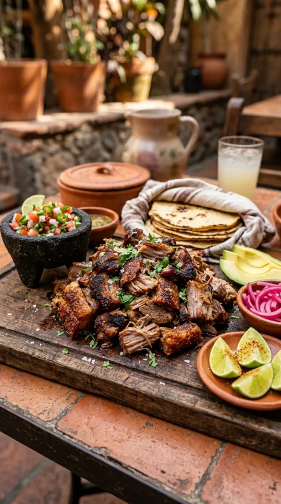 crispy slow cooker carnitas on wooden board with tortillas and pico — crockpot tacos and carnitas for summer gatherings