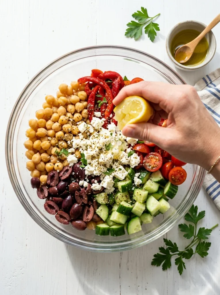 Chickpea Mediterranean salad with feta, olives, cucumber, and lemon in a glass bowl