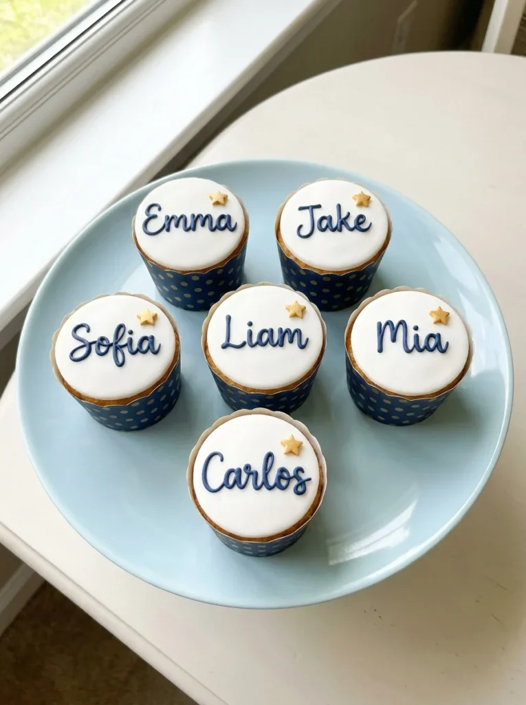 personalized graduation cupcakes with custom names piped in navy blue icing