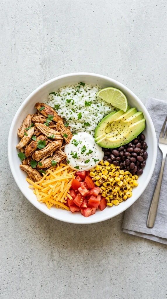 colorful crockpot chicken burrito bowl with rice beans avocado — easy summer crockpot meals meal prep