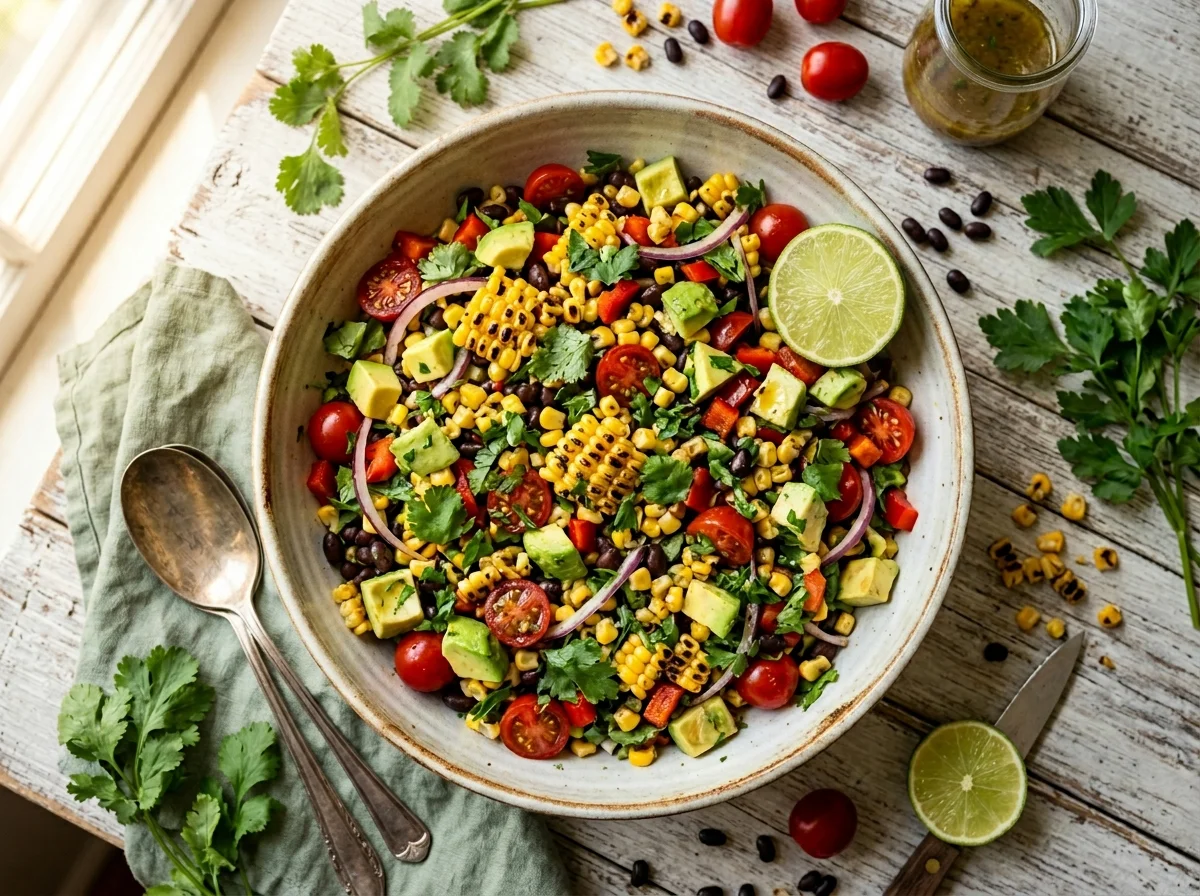 Best summer salads in a large ceramic bowl with corn, avocado, tomatoes, and cilantro on a farmhouse table