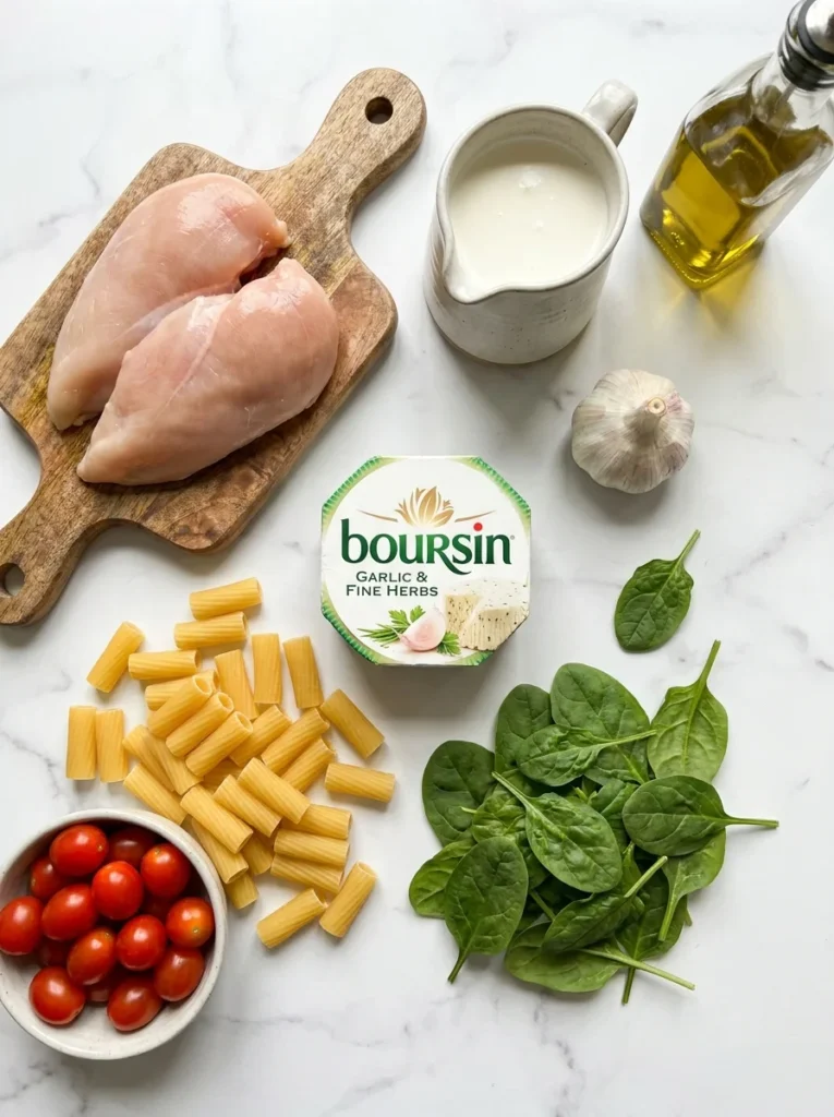 Ingredients for creamy Boursin chicken pasta laid out on marble surface