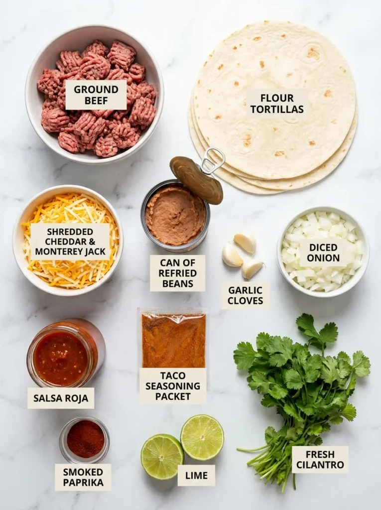Cheesy beef burrito ingredients including ground beef, shredded cheese, refried beans, and flour tortillas on a marble counter