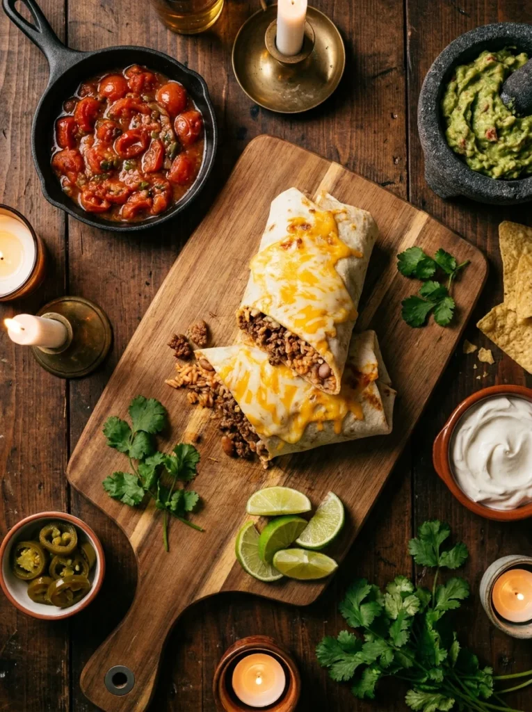 Cheesy beef burritos served on a rustic table with salsa, guacamole, sour cream, jalapeños, and lime wedges