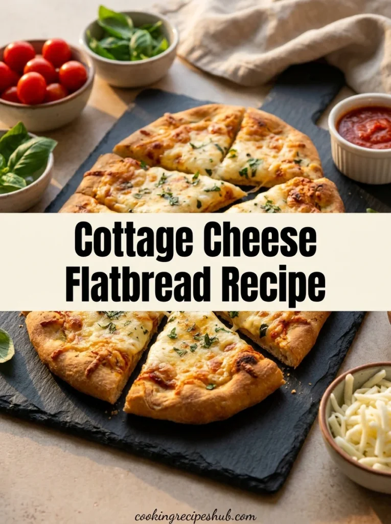 Cottage cheese flatbread on a serving board with toppings and dipping sauce