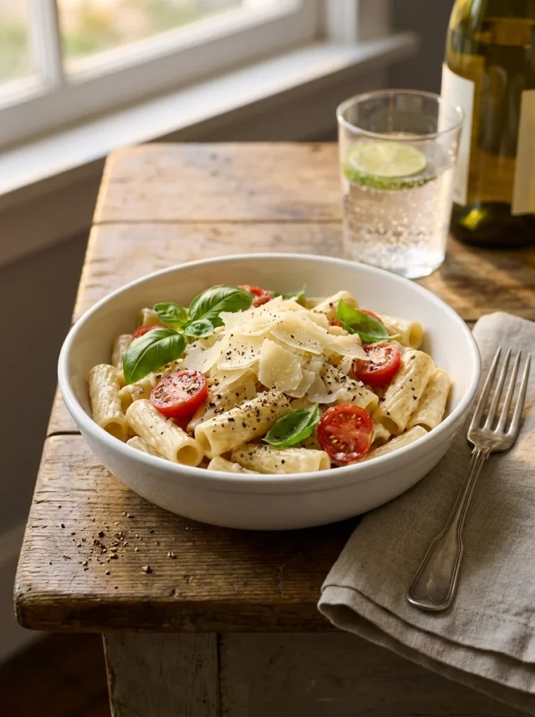 Creamy Boursin chicken pasta served in a white bowl on wooden table