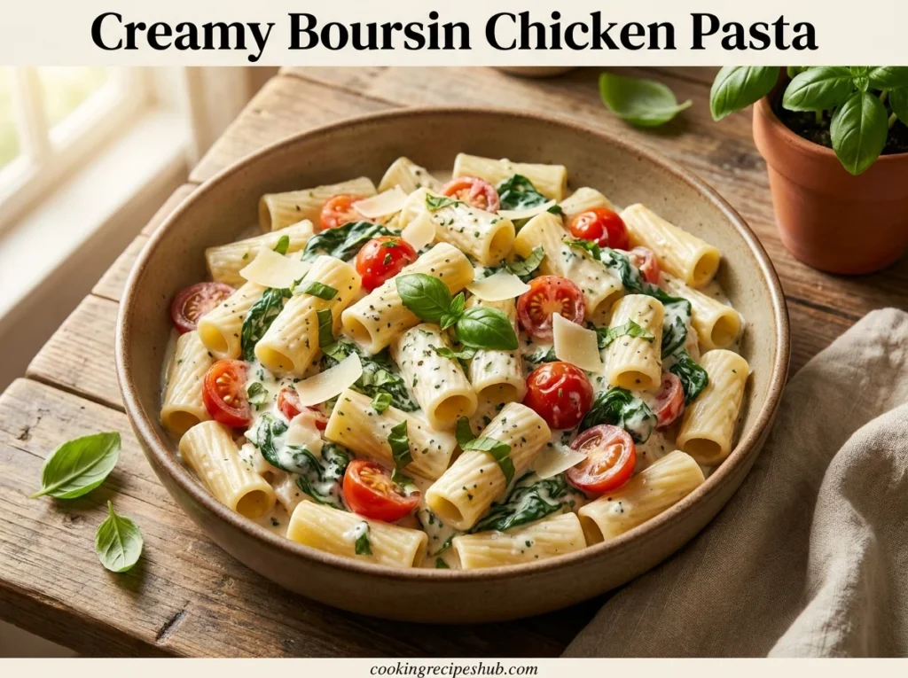 Creamy Boursin chicken pasta in a white bowl with garlic herb sauce