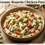 Creamy Boursin chicken pasta in a white bowl with garlic herb sauce