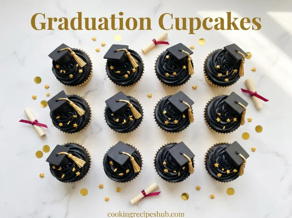 graduation cupcakes with fondant caps and gold tassels