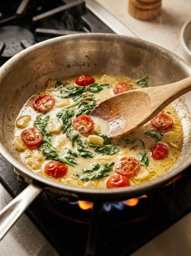 Step by step preparation of Boursin chicken pasta in a cast iron skillet