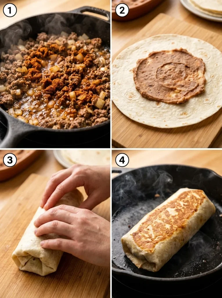 Step-by-step preparation of cheesy beef burritos from cooking the ground beef to rolling and crisping in a skillet