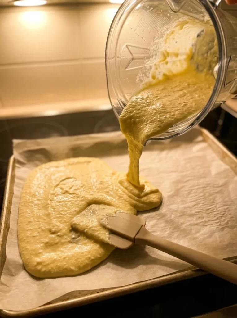 Pouring and spreading cottage cheese flatbread batter on a baking sheet