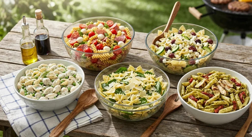large white bowl of Mediterranean summer pasta salad on wooden table