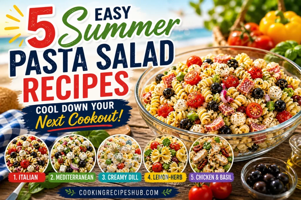 Mediterranean summer pasta salad on a serving table