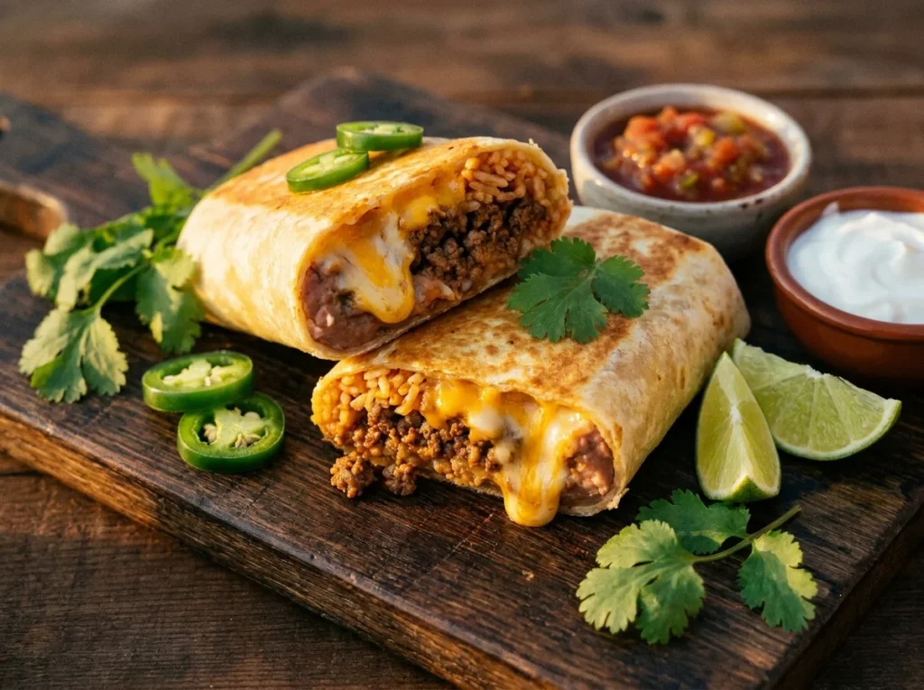 Crispy cheesy beef burritos cut in half showing melted cheese and seasoned ground beef filling