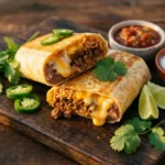 Crispy cheesy beef burritos cut in half showing melted cheese and seasoned ground beef filling