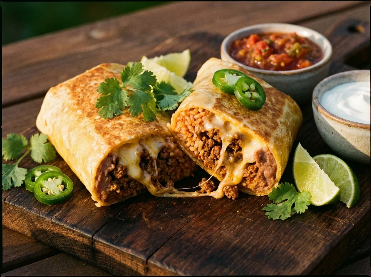 Crispy cheesy beef burritos cut in half showing melted cheese and seasoned ground beef filling on a rustic wooden board