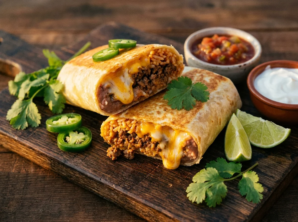 Crispy cheesy beef burritos cut in half showing melted cheese and seasoned ground beef filling