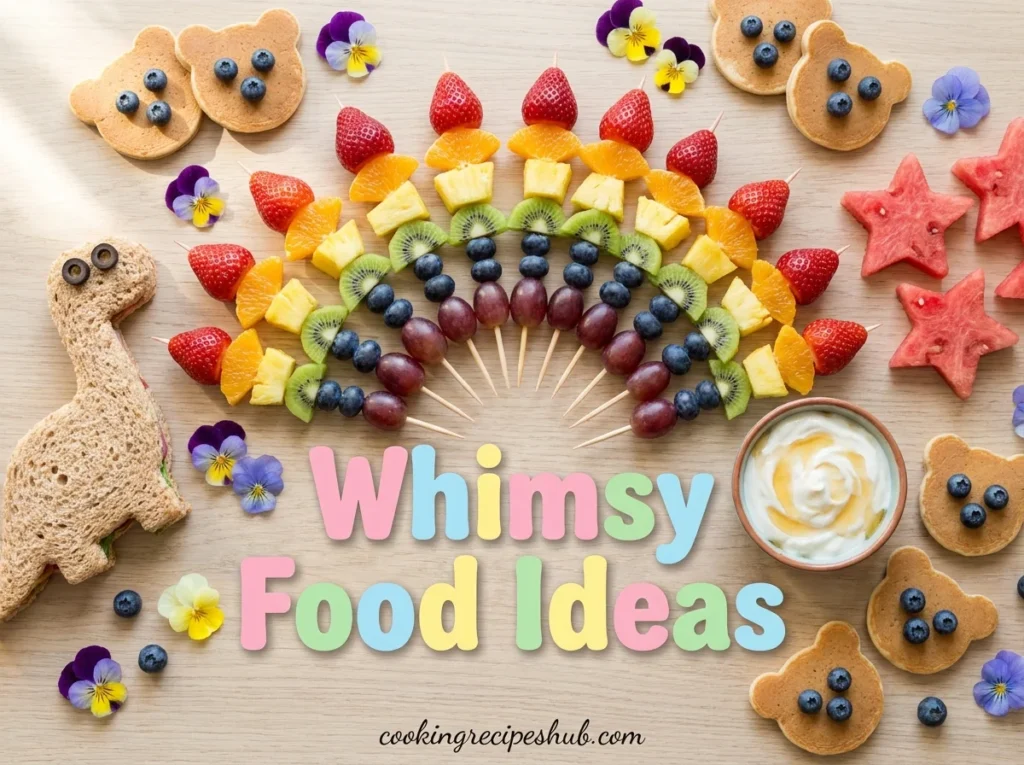 Whimsy food ideas spread with rainbow skewers and shaped sandwiches