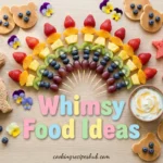 Whimsy food ideas spread with rainbow skewers and shaped sandwiches