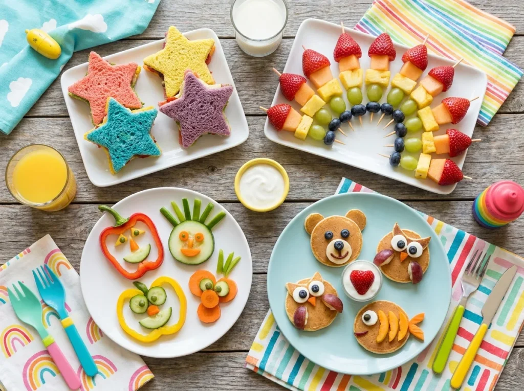 Whimsy food spread with rainbow skewers shaped sandwiches and fruit art for kids